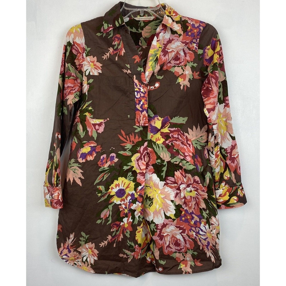 Soft Surroundings Top Womans XS Petite Brown Floral Button Front Blouse Shirt